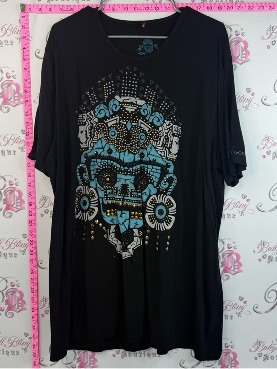 i ay guey Tops - T-shirt skull studded gold Black Short-Sleeve Graphic Tee with Teal Aztec Motif